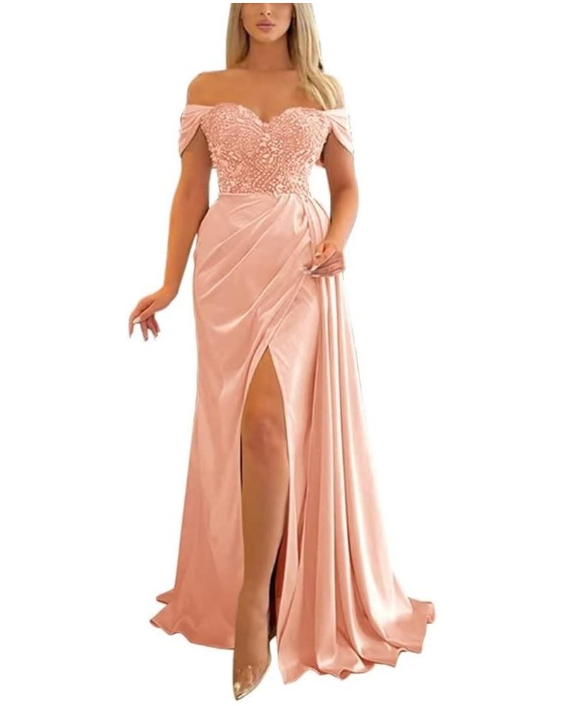 Mermaid Prom Dress Off Shoulder Pleated Satin Beaded Slit Formal Dress Floor Length V Neck Formal Evening Gowns SY66 Rose Gol...