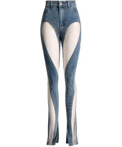 Women's Mesh Patchwork Hollowed Out Jeans, Women's Perforated Perspective Slim Fitting Pants Blue $22.00 Jeans