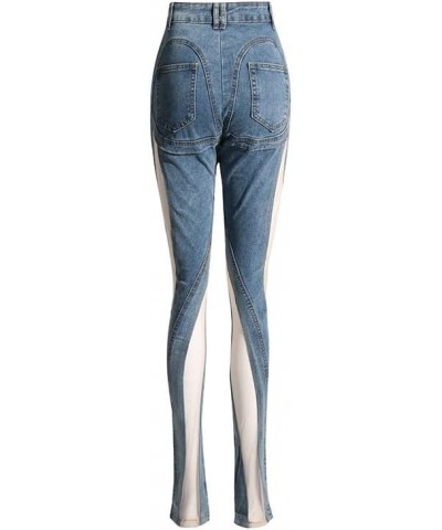 Women's Mesh Patchwork Hollowed Out Jeans, Women's Perforated Perspective Slim Fitting Pants Blue $22.00 Jeans