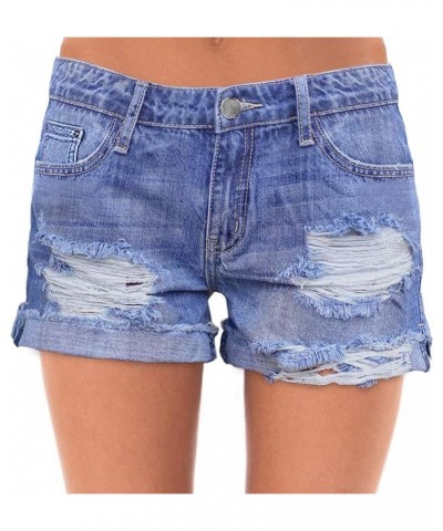 Women's Ripped Mid Rise Stretchy Denim Jeans Shorts Blue $17.39 Shorts