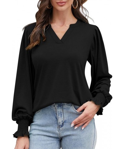 Long Sleeve Shirts for Women Square Neck Pleated Front Puff Sleeve Casual Fall Tunic Tops A1-black $8.69 Tops