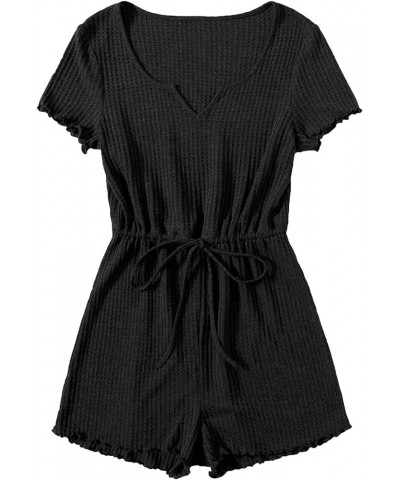 Women's Casual Drawstring High Waist Romper Short Sleeve Notched Neck Jumpsuit Black $10.39 Rompers