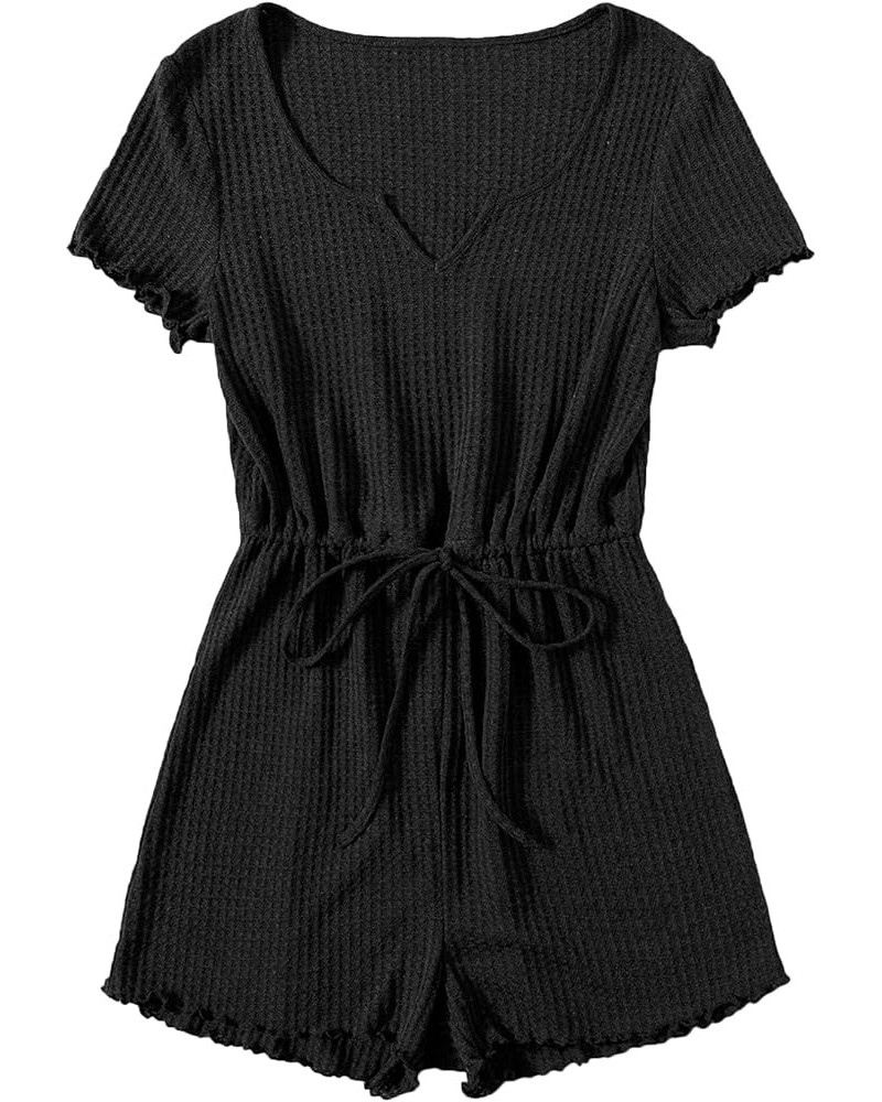 Women's Casual Drawstring High Waist Romper Short Sleeve Notched Neck Jumpsuit Black $10.39 Rompers