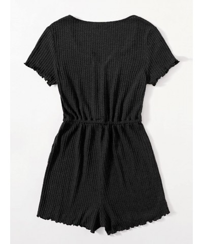 Women's Casual Drawstring High Waist Romper Short Sleeve Notched Neck Jumpsuit Black $10.39 Rompers