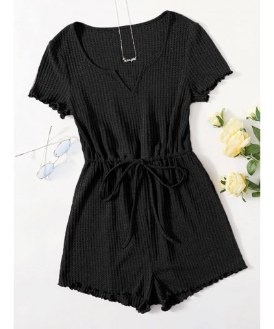 Women's Casual Drawstring High Waist Romper Short Sleeve Notched Neck Jumpsuit Black $10.39 Rompers