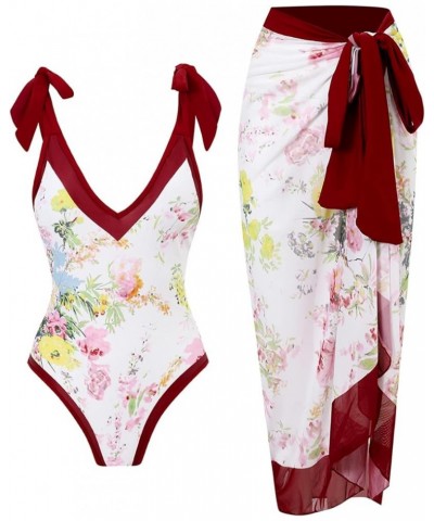 Women One Piece Swimsuit Vintage Floral Bathing Suits with Cover up Wrap Skirts Sarongs 2 Piece Monokini Beachwear Red $24.29...