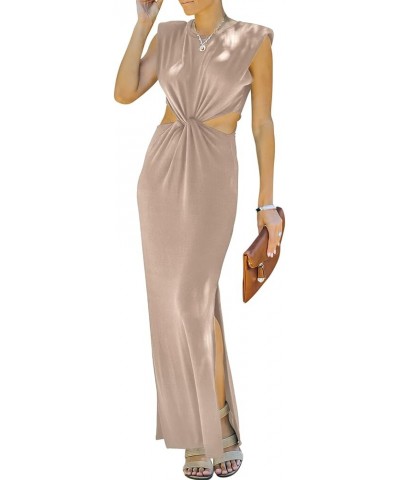 Womens Side Cutout Padded Shoulder Summer Long Bodycon Dress Sleeveless Slit Club Party Maxi Dresses Khaki Powder $18.87 Dresses