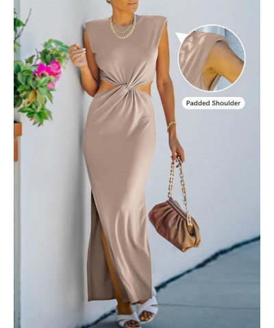 Womens Side Cutout Padded Shoulder Summer Long Bodycon Dress Sleeveless Slit Club Party Maxi Dresses Khaki Powder $18.87 Dresses