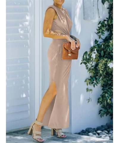 Womens Side Cutout Padded Shoulder Summer Long Bodycon Dress Sleeveless Slit Club Party Maxi Dresses Khaki Powder $18.87 Dresses