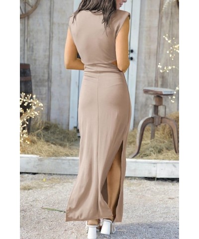 Womens Side Cutout Padded Shoulder Summer Long Bodycon Dress Sleeveless Slit Club Party Maxi Dresses Khaki Powder $18.87 Dresses