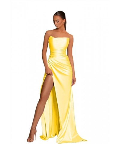 Women's Strapless Prom Dresses Long with Slit Pleated Satin Evening Party Gows CYM094 Yellow $34.79 Dresses