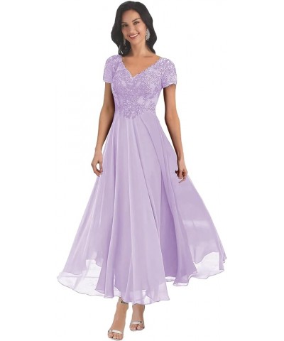 Mother of The Bride Dresses with Short Sleeves Lace Applique Pleated Chiffon Formal Evening Gown Lavender $38.49 Dresses