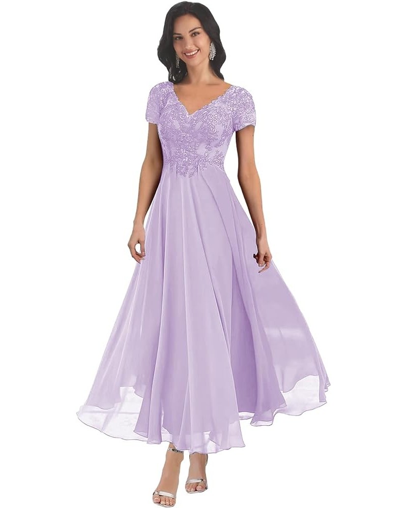 Mother of The Bride Dresses with Short Sleeves Lace Applique Pleated Chiffon Formal Evening Gown Lavender $38.49 Dresses