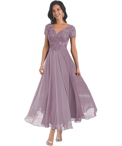 Mother of The Bride Dresses with Short Sleeves Lace Applique Pleated Chiffon Formal Evening Gown Lavender $38.49 Dresses