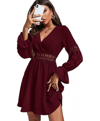 Women's Wrap V Neck Flared A Line Mini Dress Flounce Long Sleeve Spring Fall Swing Short Dresses Pure Burgundy $14.75 Others