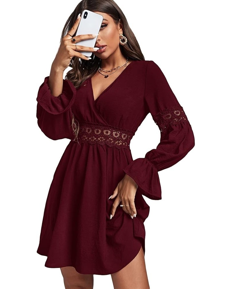 Women's Wrap V Neck Flared A Line Mini Dress Flounce Long Sleeve Spring Fall Swing Short Dresses Pure Burgundy $14.75 Others