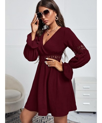 Women's Wrap V Neck Flared A Line Mini Dress Flounce Long Sleeve Spring Fall Swing Short Dresses Pure Burgundy $14.75 Others