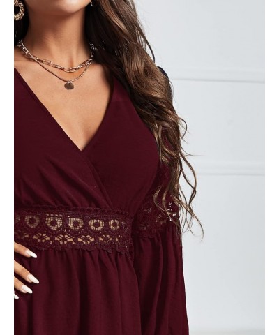 Women's Wrap V Neck Flared A Line Mini Dress Flounce Long Sleeve Spring Fall Swing Short Dresses Pure Burgundy $14.75 Others