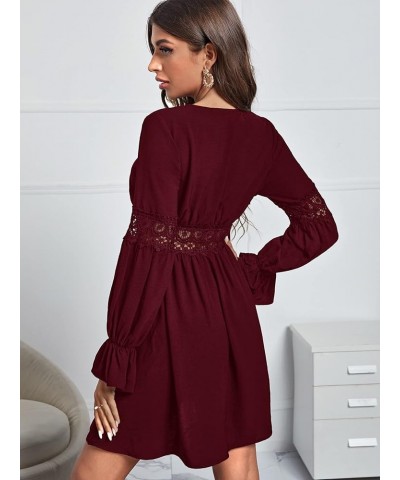 Women's Wrap V Neck Flared A Line Mini Dress Flounce Long Sleeve Spring Fall Swing Short Dresses Pure Burgundy $14.75 Others