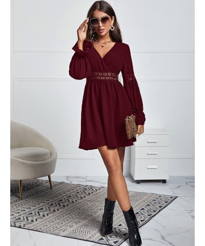 Women's Wrap V Neck Flared A Line Mini Dress Flounce Long Sleeve Spring Fall Swing Short Dresses Pure Burgundy $14.75 Others