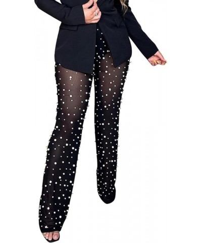 Women Mesh Sheer See Through Bead Pants Elastic High Waist Flare Long Legging Trouser Black $18.45 Leggings