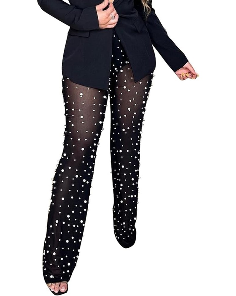 Women Mesh Sheer See Through Bead Pants Elastic High Waist Flare Long Legging Trouser Black $18.45 Leggings