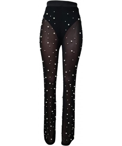 Women Mesh Sheer See Through Bead Pants Elastic High Waist Flare Long Legging Trouser Black $18.45 Leggings