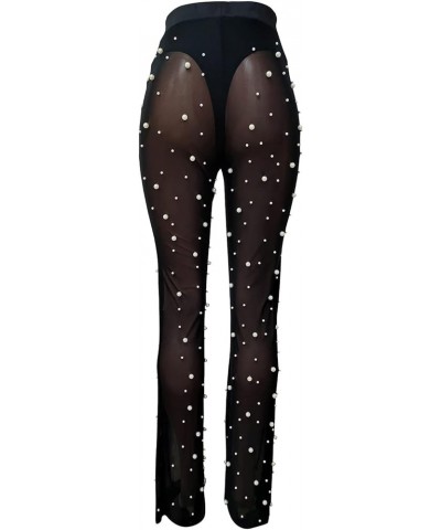 Women Mesh Sheer See Through Bead Pants Elastic High Waist Flare Long Legging Trouser Black $18.45 Leggings