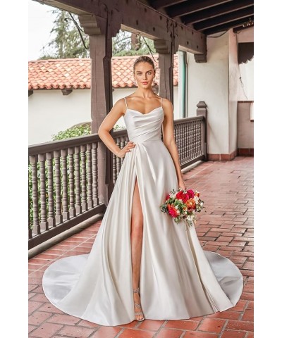 Women's Off The Shoulder Satin Prom Dresses Spaghetti Strap Formal Evening Gown with Slit Champagne $45.04 Dresses