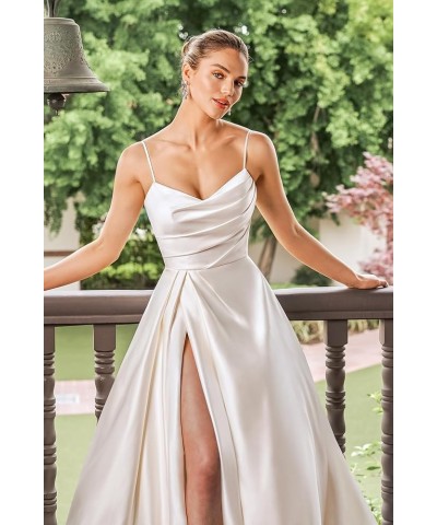 Women's Off The Shoulder Satin Prom Dresses Spaghetti Strap Formal Evening Gown with Slit Champagne $45.04 Dresses