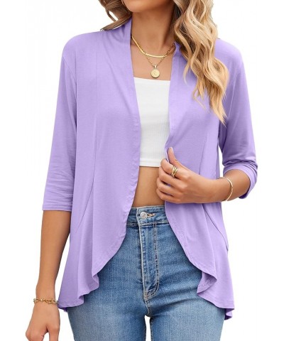 Womens Summer V Neck 3/4 Sleeve Cardigan Ruffle Loose Casual Tops 3819-lilac $13.24 Sweaters