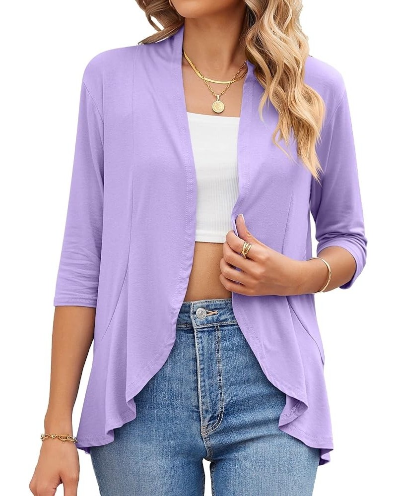 Womens Summer V Neck 3/4 Sleeve Cardigan Ruffle Loose Casual Tops 3819-lilac $13.24 Sweaters