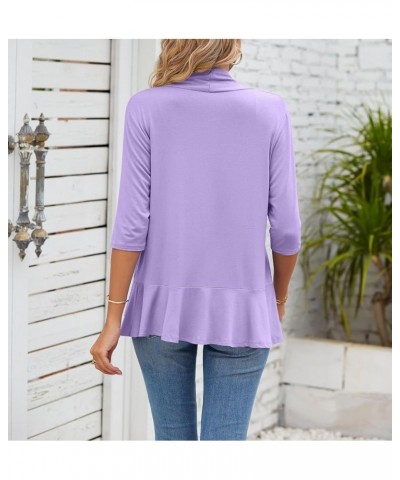 Womens Summer V Neck 3/4 Sleeve Cardigan Ruffle Loose Casual Tops 3819-lilac $13.24 Sweaters