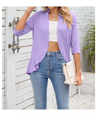 Womens Summer V Neck 3/4 Sleeve Cardigan Ruffle Loose Casual Tops 3819-lilac $13.24 Sweaters