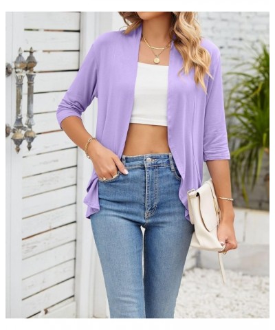 Womens Summer V Neck 3/4 Sleeve Cardigan Ruffle Loose Casual Tops 3819-lilac $13.24 Sweaters