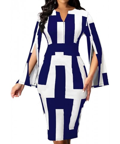 Women Sexy Dresses Bodycon Church 3/4 Sleeve African Print Pencil Party Office Dress Work with Split White Blue $17.22 Dresses