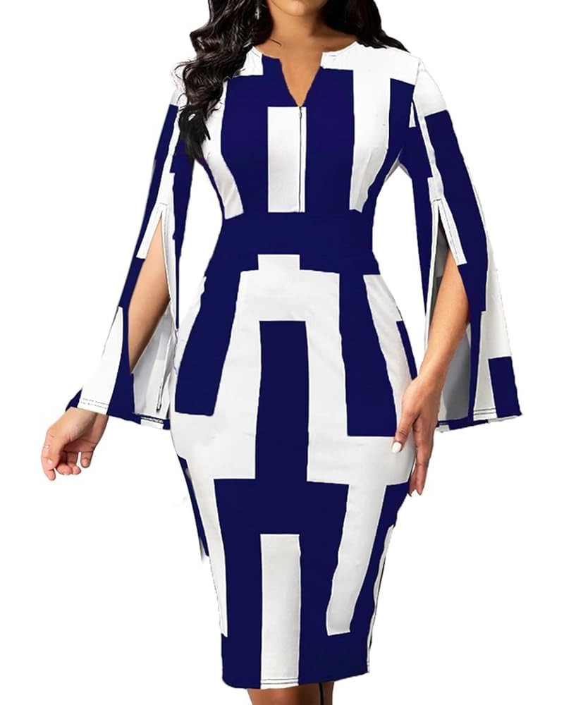 Women Sexy Dresses Bodycon Church 3/4 Sleeve African Print Pencil Party Office Dress Work with Split White Blue $17.22 Dresses