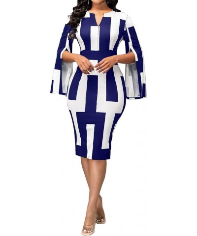 Women Sexy Dresses Bodycon Church 3/4 Sleeve African Print Pencil Party Office Dress Work with Split White Blue $17.22 Dresses