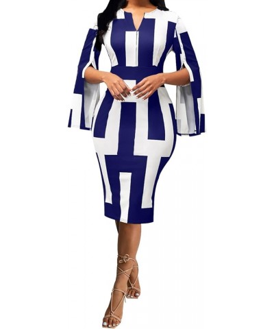 Women Sexy Dresses Bodycon Church 3/4 Sleeve African Print Pencil Party Office Dress Work with Split White Blue $17.22 Dresses