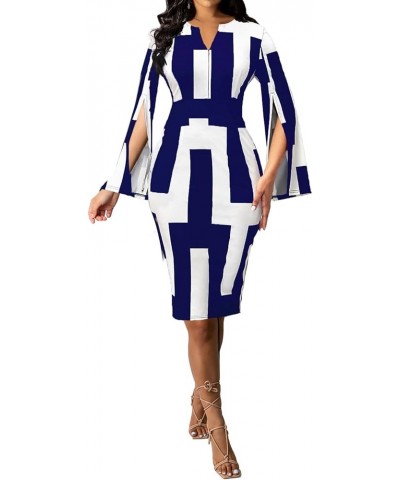 Women Sexy Dresses Bodycon Church 3/4 Sleeve African Print Pencil Party Office Dress Work with Split White Blue $17.22 Dresses