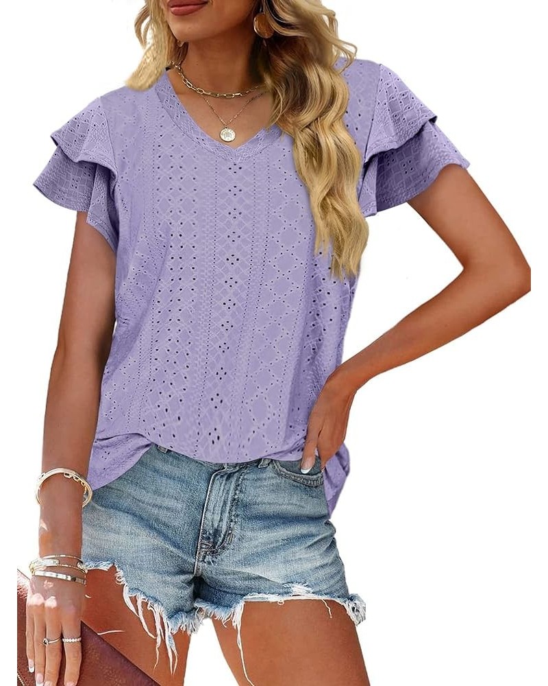 Womens Tops Summer Ruffle Short Sleeve Eyelet V Neck T Shirts Loose Fit 07-purple $10.19 Tops