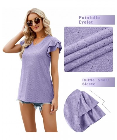 Womens Tops Summer Ruffle Short Sleeve Eyelet V Neck T Shirts Loose Fit 07-purple $10.19 Tops