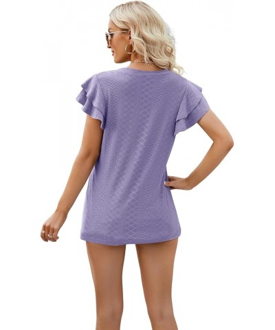 Womens Tops Summer Ruffle Short Sleeve Eyelet V Neck T Shirts Loose Fit 07-purple $10.19 Tops