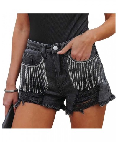 Women's Rhinestone Denim Shorts Fringe Jeans Shorts Mid Rise Ripped Hem Casual Distressed Tassels Hot Shorts Black $25.36 Shorts