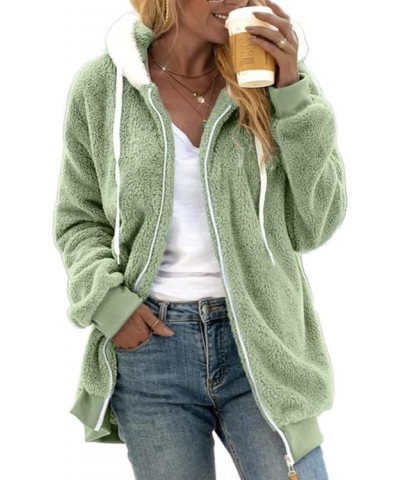 Women's Oversized Fuzzy Fleece Sherpa Zip Up Hoodie Jacket Winter Warm Outerwear Coat Green $16.17 Jackets