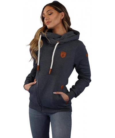 Women's Athena Navy Side Zip Terry Hoodie Cowl Neck Vegan Leather Accents Front Pockets Navy $41.48 Hoodies & Sweatshirts