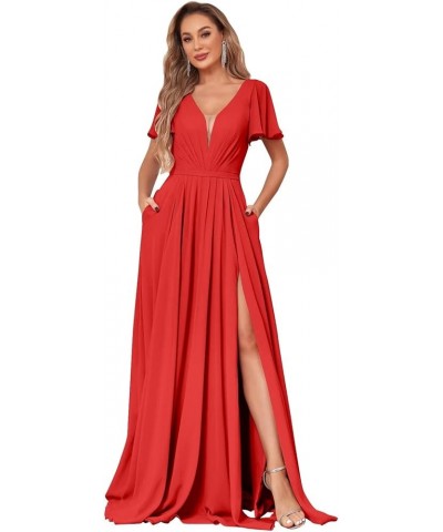 Chiffon Bridesmaid Dresses for Wedding with Slit Flutter Short Sleeves V Neck Wedding Party Gown Red $37.09 Dresses