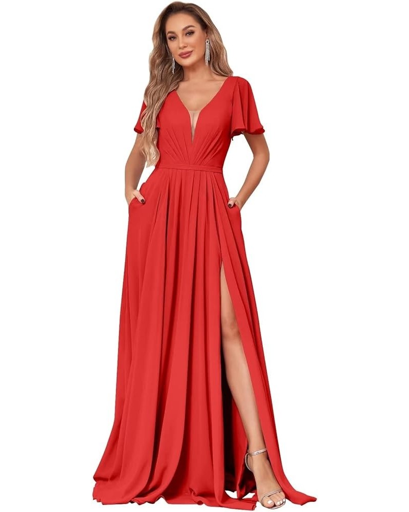 Chiffon Bridesmaid Dresses for Wedding with Slit Flutter Short Sleeves V Neck Wedding Party Gown Red $37.09 Dresses