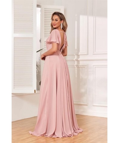 Chiffon Bridesmaid Dresses for Wedding with Slit Flutter Short Sleeves V Neck Wedding Party Gown Red $37.09 Dresses