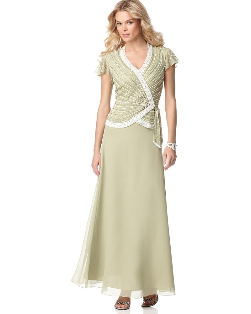 Women's Petite Faux Wrap Long Dress W/Flutter Sleeve Celery/Multi $33.41 Dresses